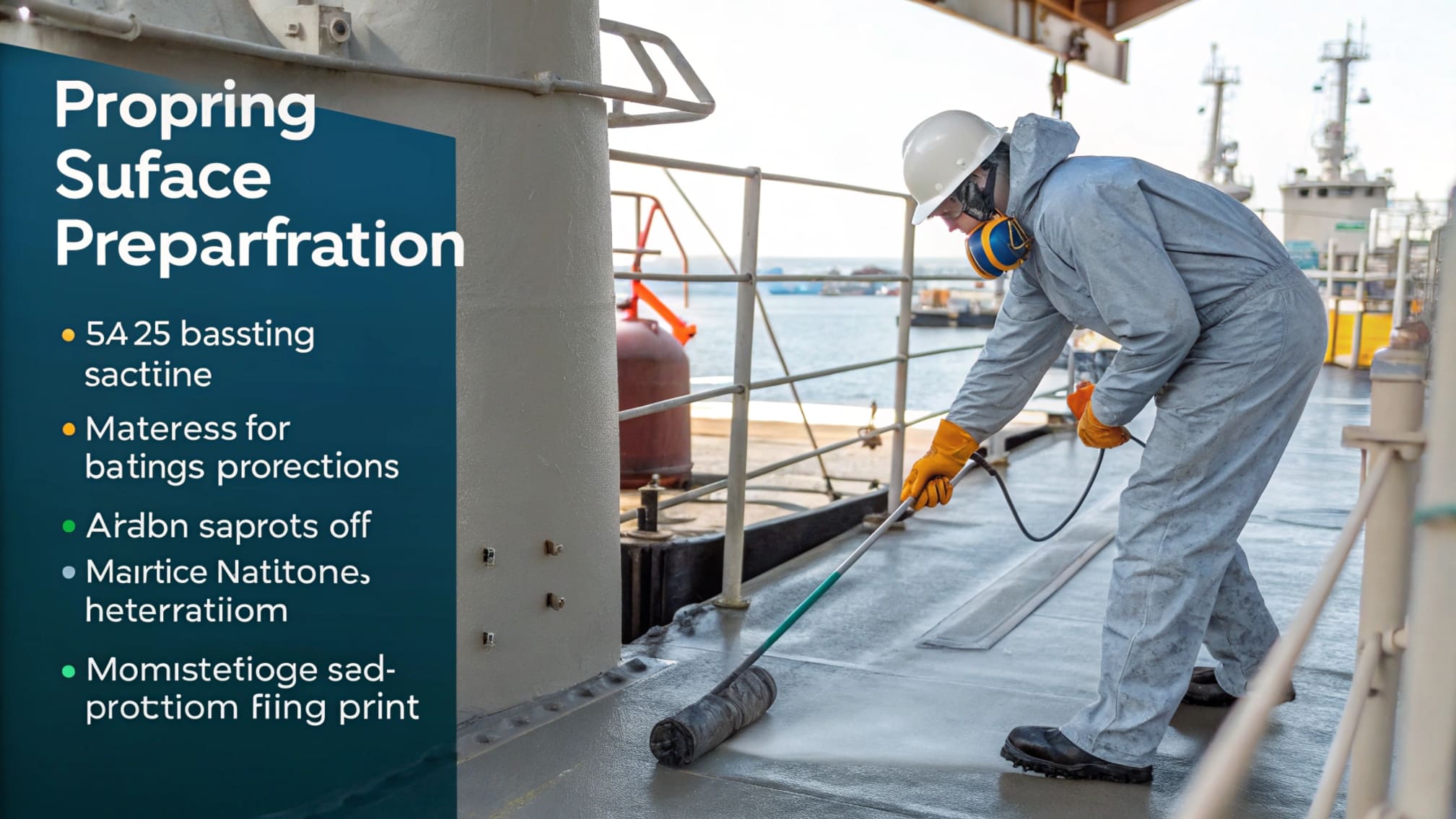 Applicator spray painting a ship's hull with proper safety gear