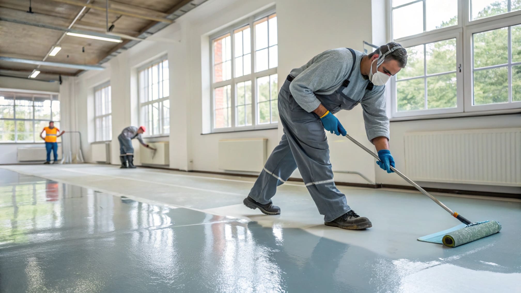Application of a low-VOC polyaspartic floor coating in a commercial space