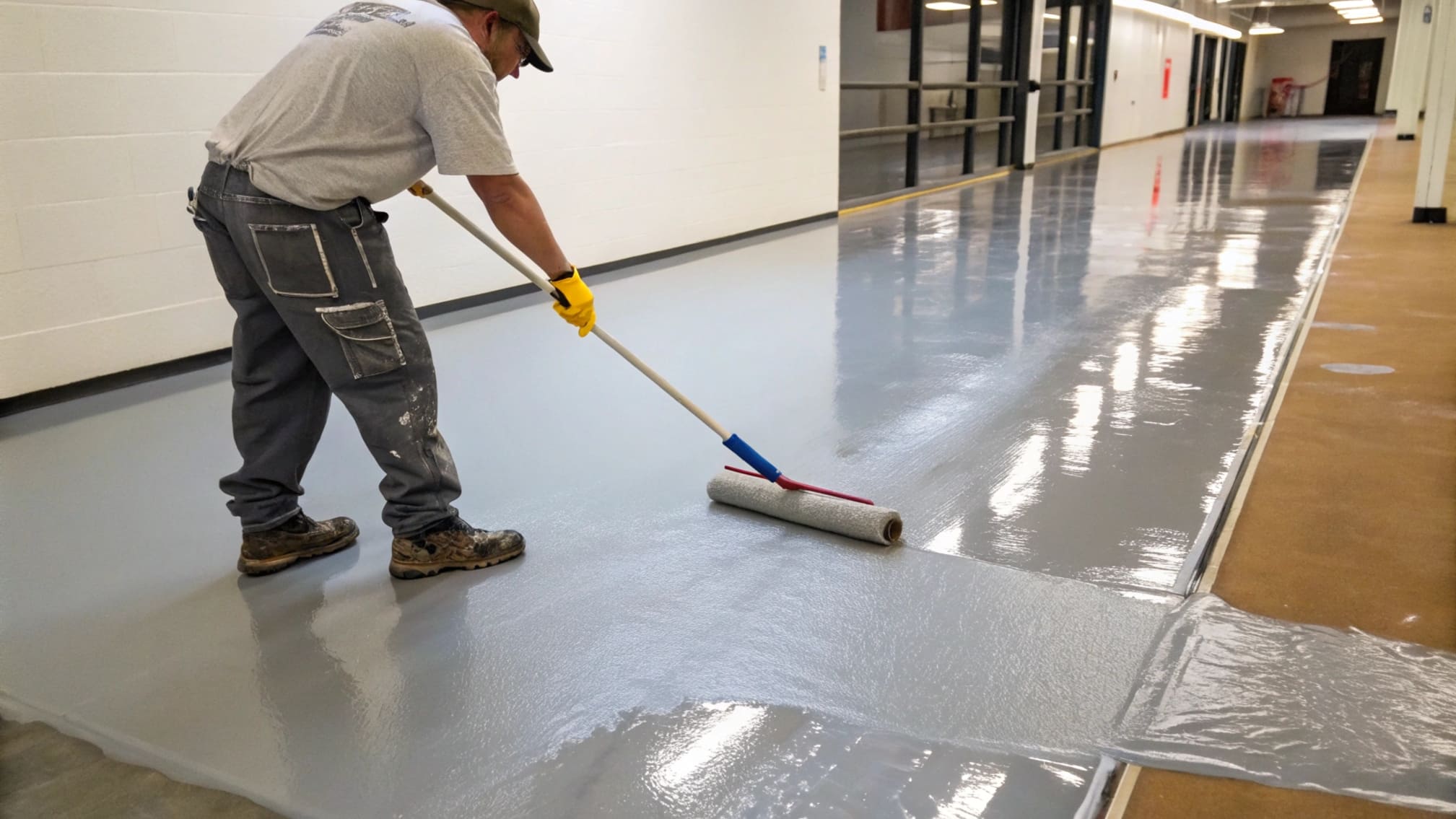 Professional applying polyaspartic coating with proper roller technique