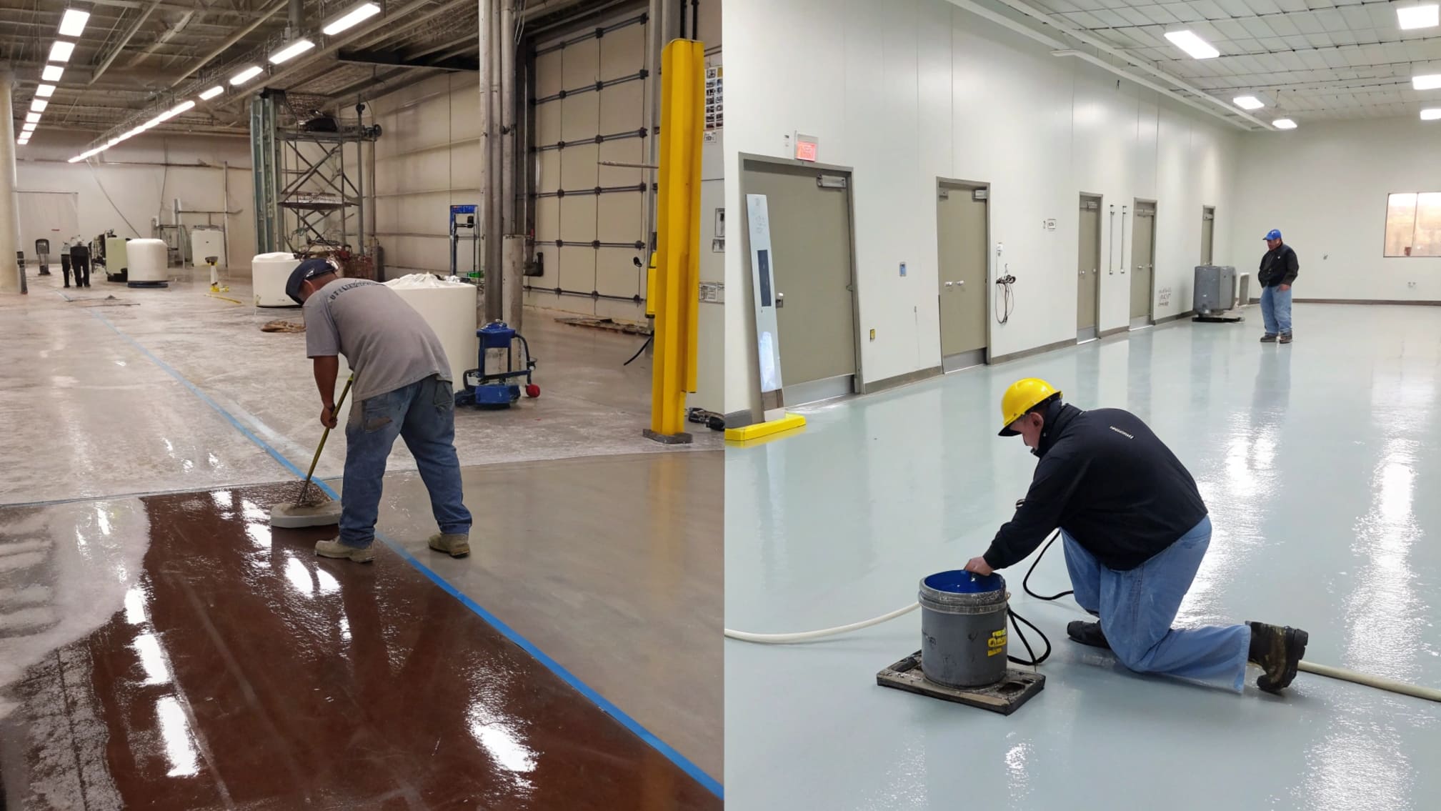 Workers applying polyaspartic coating with a quick return-to-service visible