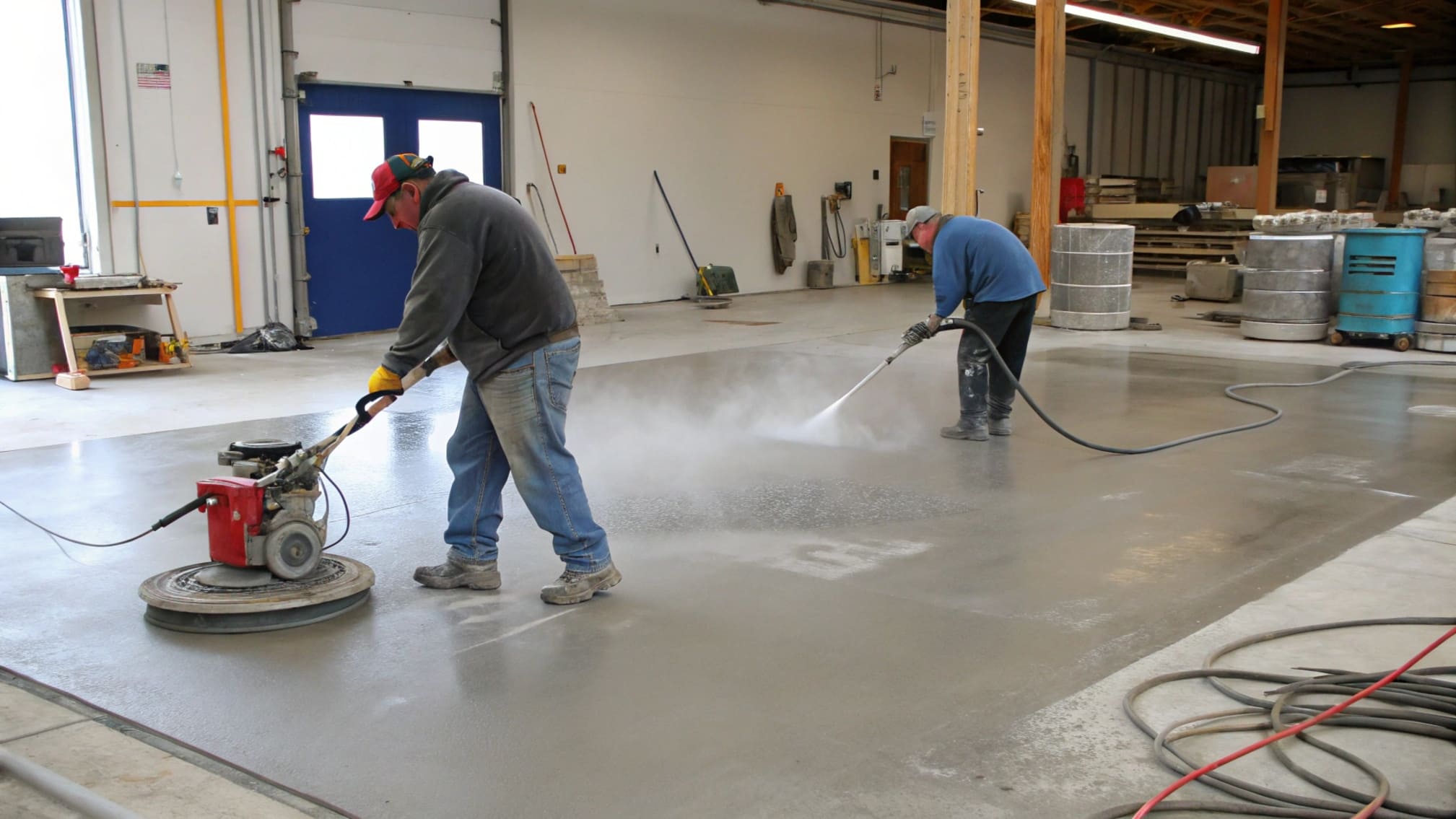 Concrete floor being prepared with diamond grinding equipment