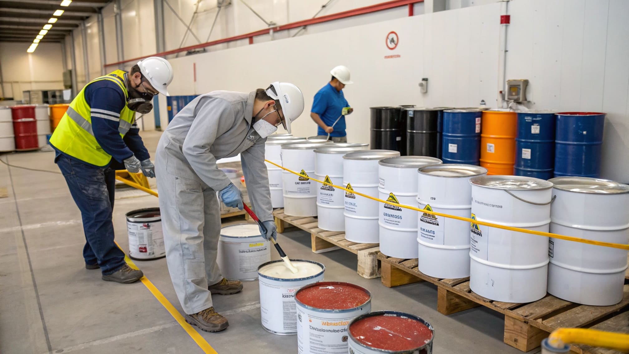 Crew member carefully handling paint cans in a storage area