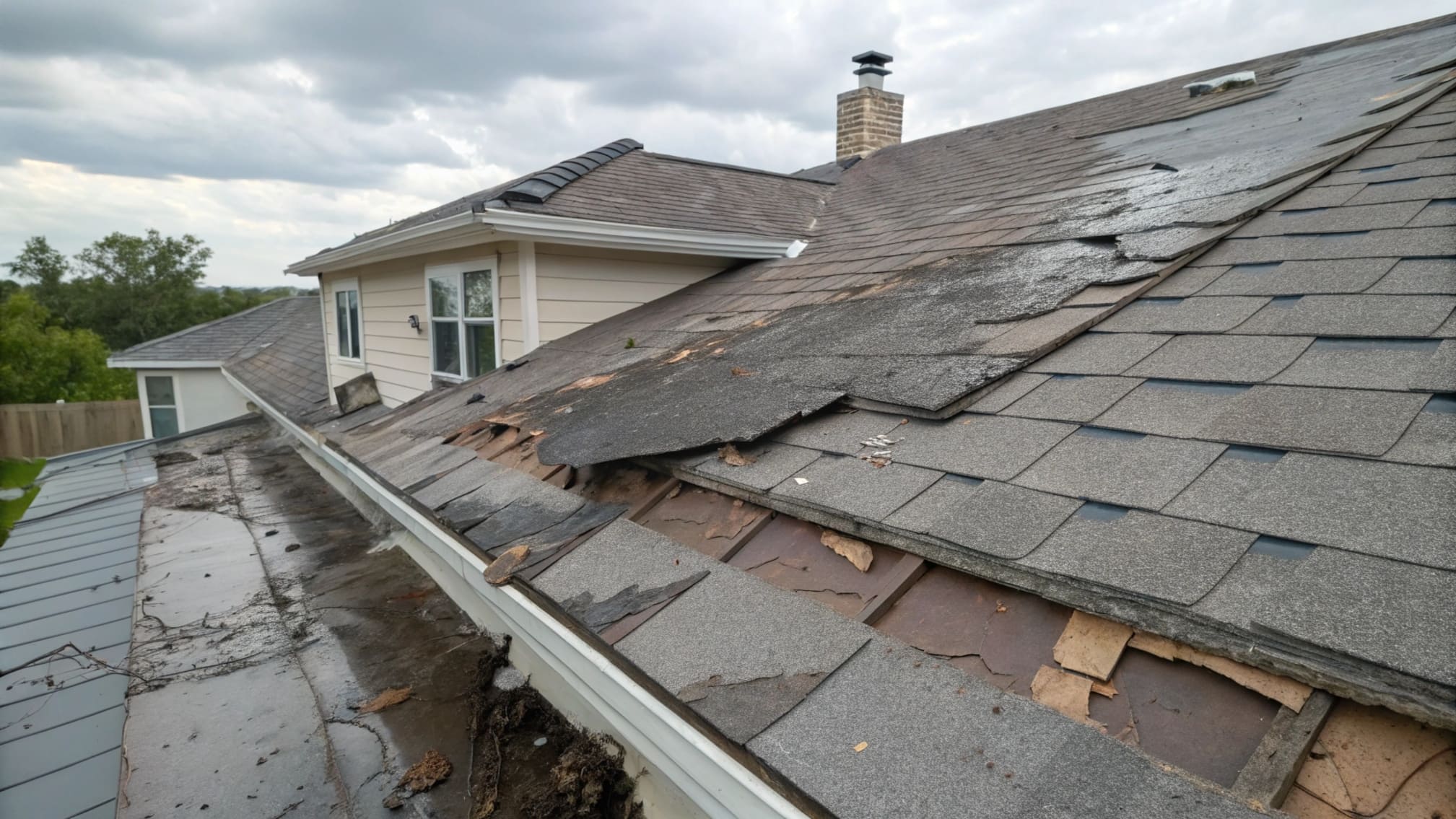 Close-up of a cracked and failing roof membrane