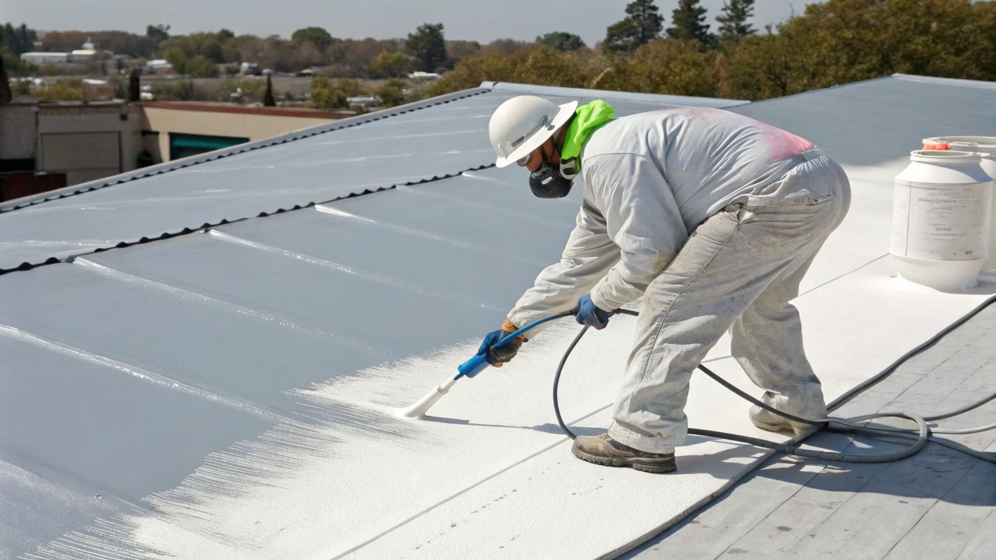 Applicator carefully rolling polyaspartic polyurea onto a prepared roof surface
