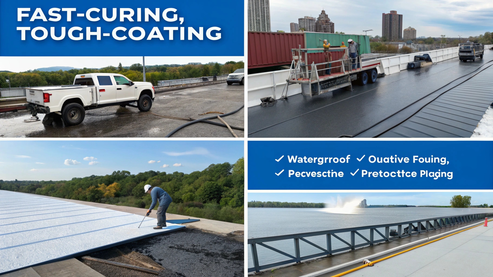 Collage showing diverse polyurea applications: roofing, flooring, truck bed liner