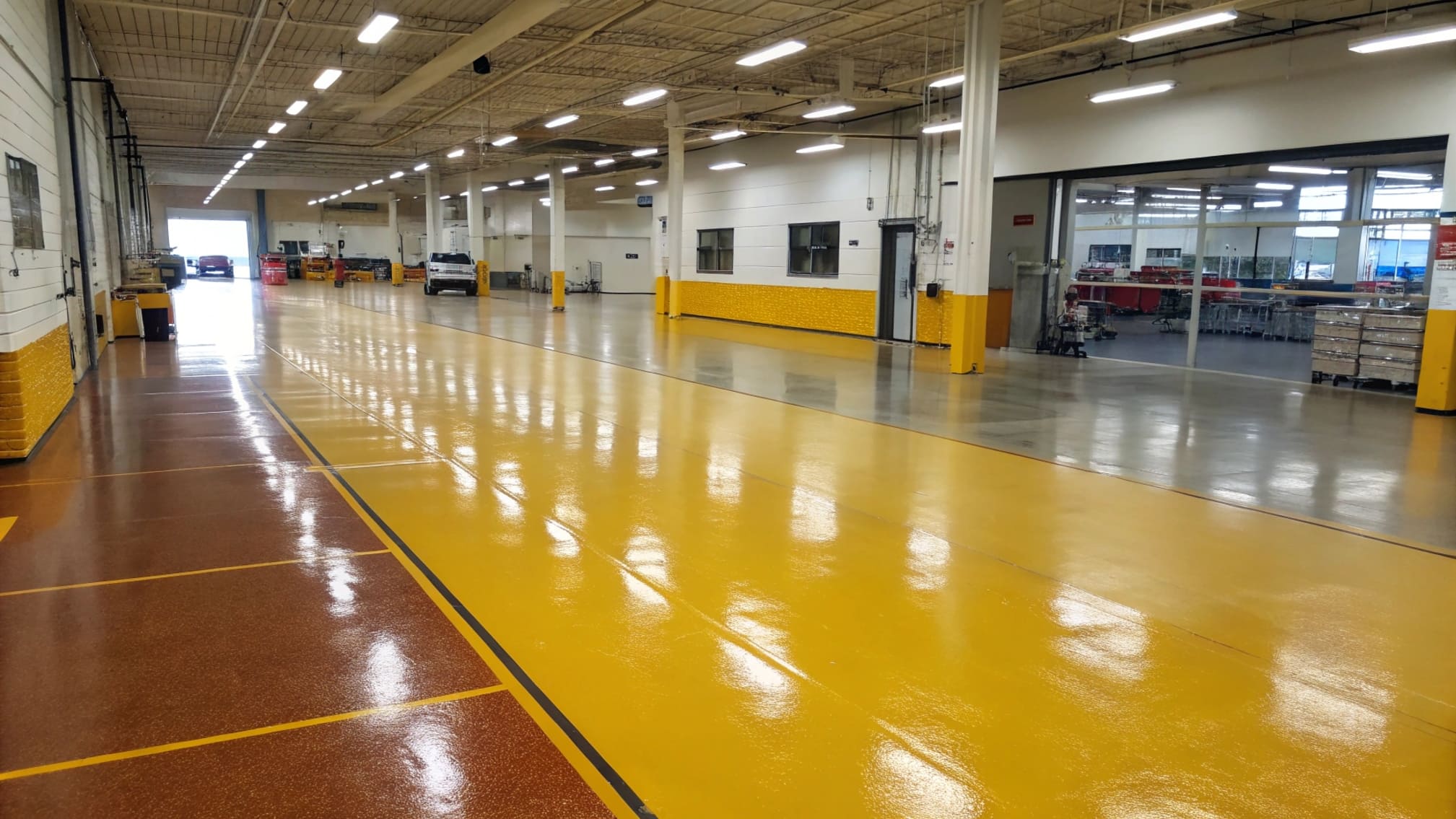 Sun shining on a non-yellowing polyaspartic coated floor next to a yellowed epoxy floor