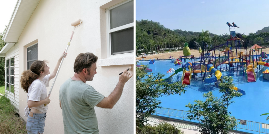 building facade and swimming pool water park